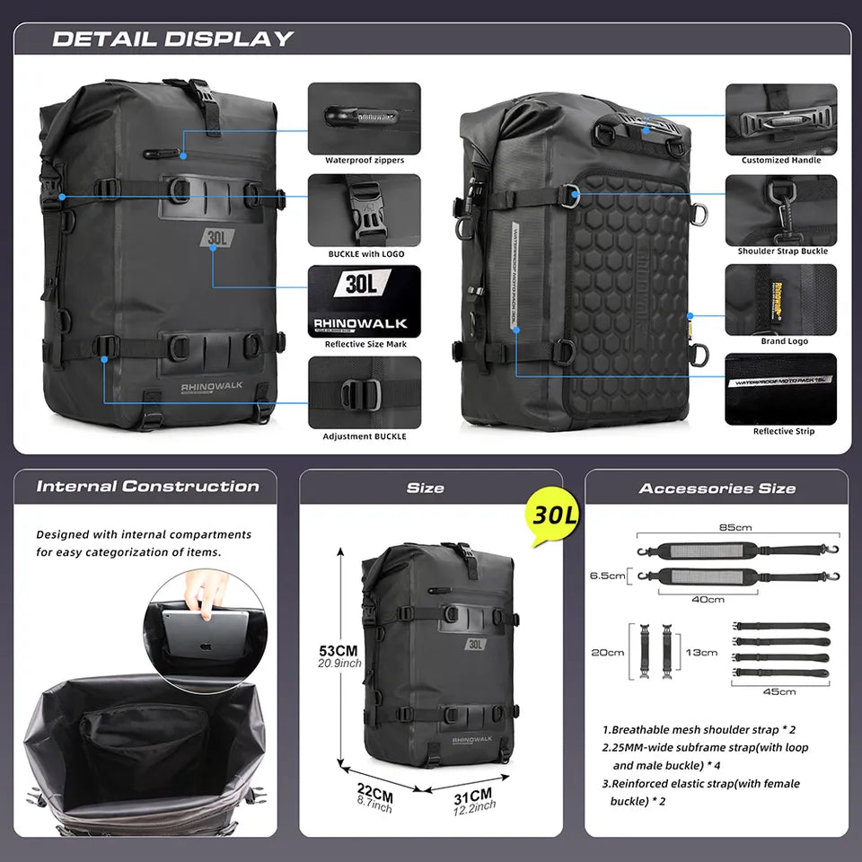 Motorrad-Satteltasche "Rhinowalk" 30 L schwarz, wasserdicht, strapazierfähig