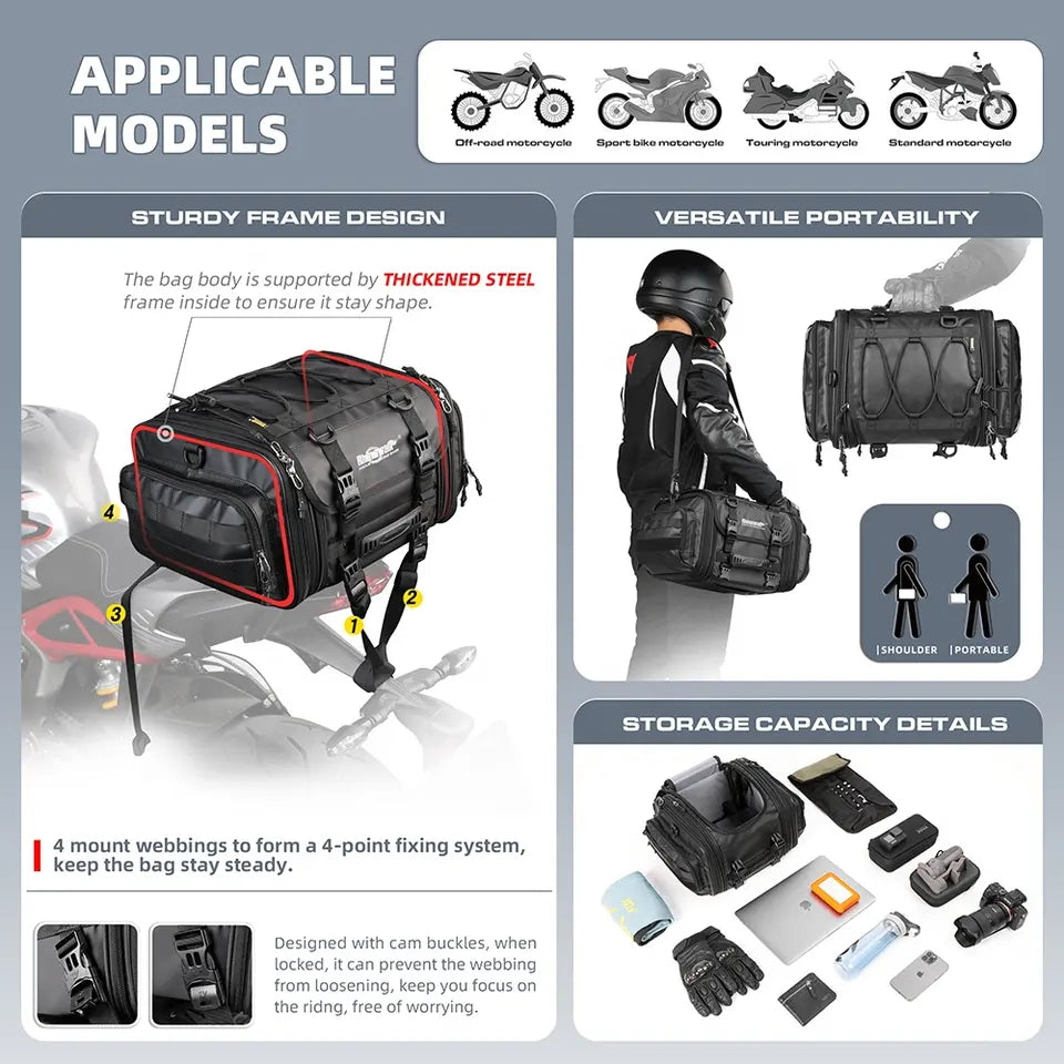 Motorrad Satteltasche "Rhinowalk" mit variable Größe 19 - 26 L, wasserdicht, zuverlässige und strapazierfähige