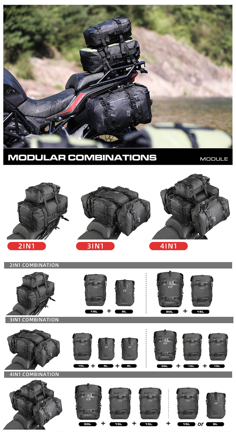 Motorradtasche "Rhinowalk" 8 L, schwarz, wasserdicht aus Polyester