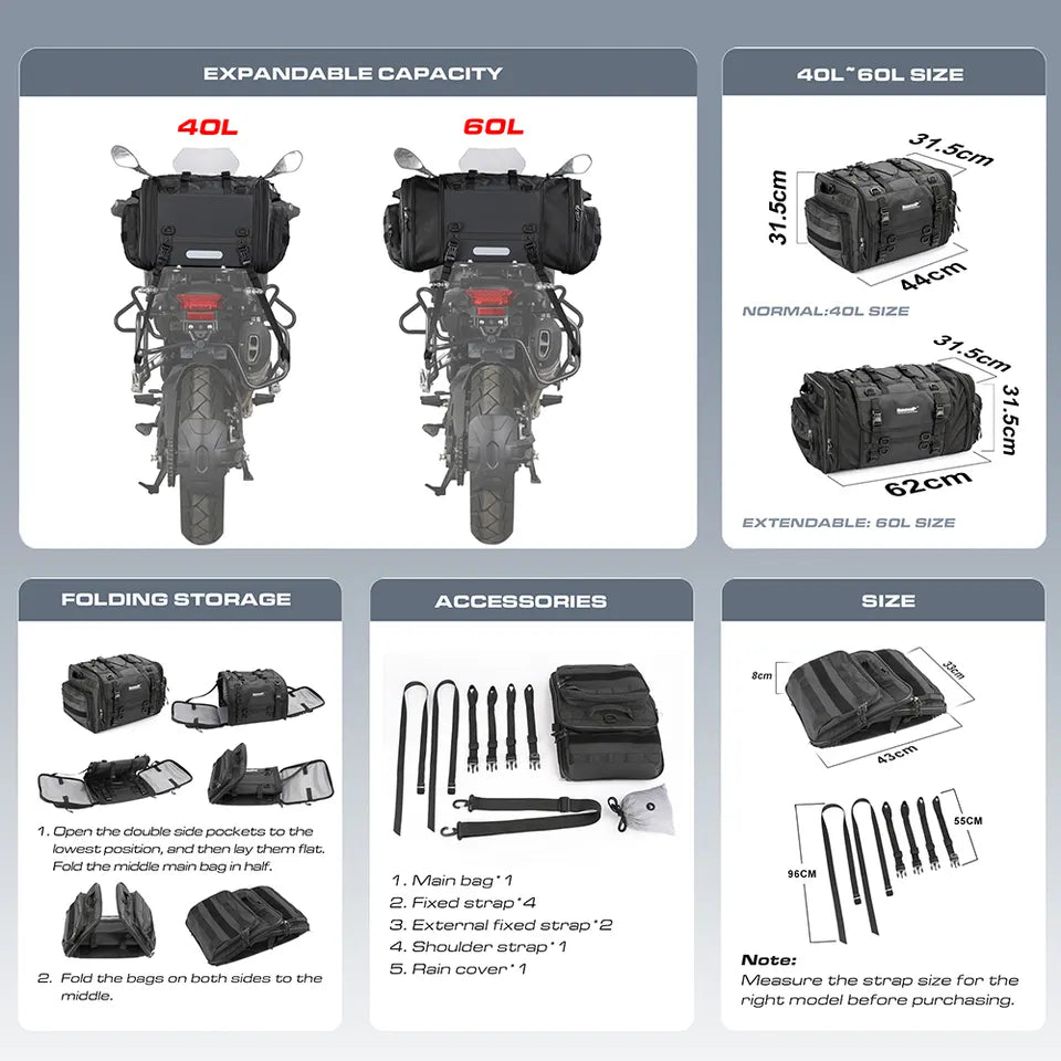 Motorrad Satteltasche "Rhinowalk" mit variable Größe 40 - 60 L für Motorradfahrer